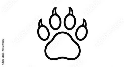 A simple black line drawing of a paw print with five toes and a large pad