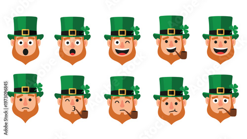 Collection of ten leprechaun head emojis showing various facial expressions and emotions for Saint Patrick's Day celebrations.