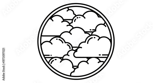 Stylized clouds fill a circular frame with a simple, graphic design