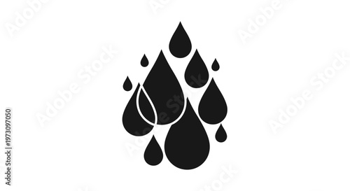 A cluster of black teardrop shapes of varying sizes overlap against a white background