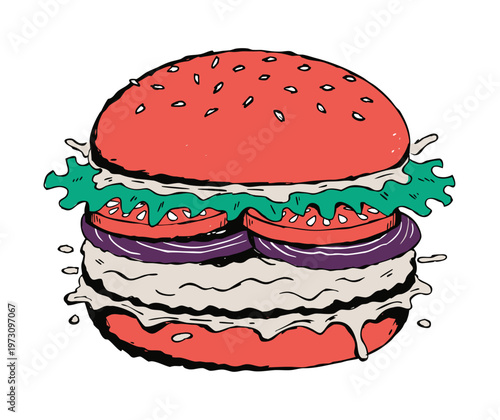 Burger vector illustration. Cartoon burger packed with layers of meat, vegetables, and dripping sauce, emphasizing a rich and indulgent fast-food aesthetic