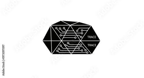 Black geometric pattern with white circuit traces and text