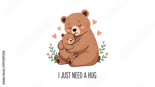 Heartwarming illustration of a large brown bear tenderly hugging its cub surrounded by floating hearts and green leaves.