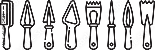 Various types of scissors arranged in a row for display Vector