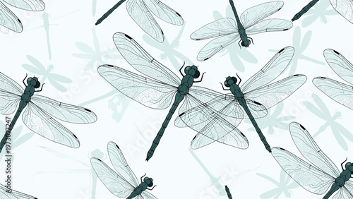 Delicate seamless pattern features blue dragonfly illustrations with translucent wings flying over a light blue tinted background.