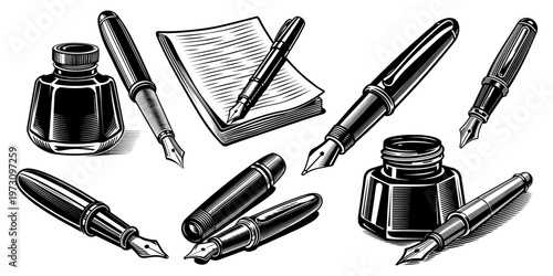 Vintage Fountain Pen and Ink Bottle Engraving Set. Detailed black and white engraving illustration featuring classic fountain pens, ink bottles, and writing paper vector