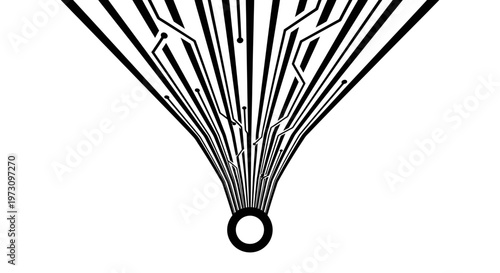 Concentric, branching black lines converge into a central, hollow circle