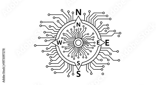 Photos Digital compass with circuit board lines and cardinal directions