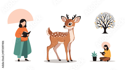 Whimsical illustration featuring a spotted fawn alongside characters reading books and an autumn tree, evoking a cozy fall atmosphere.