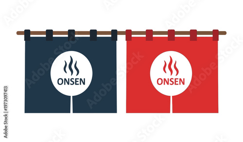 This image showcases two traditional japanese banners one navy and one red each displaying a white circle with onsen text and steam high quality