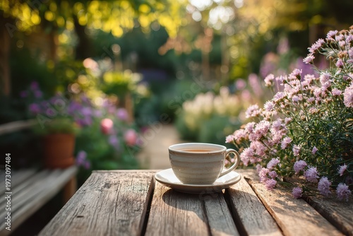 Warm cup on rustic wood table, pink flowers, sunny garden. Conveys peace, refreshment, and the beauty of garden moments.