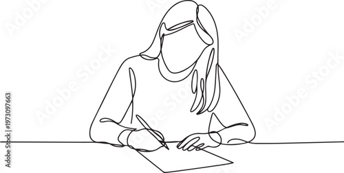 Woman writing on paper with pen continuous line drawing for education studying and creative thinking