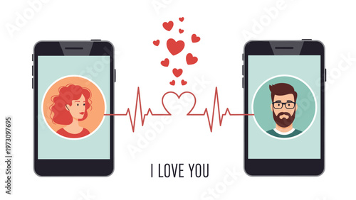 Romantic illustration representing a long distance relationship with a man and woman connecting through mobile phones and heartbeats.