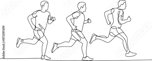 Running men silhouettes in continuous line art for marathon competition fitness and healthy lifestyle