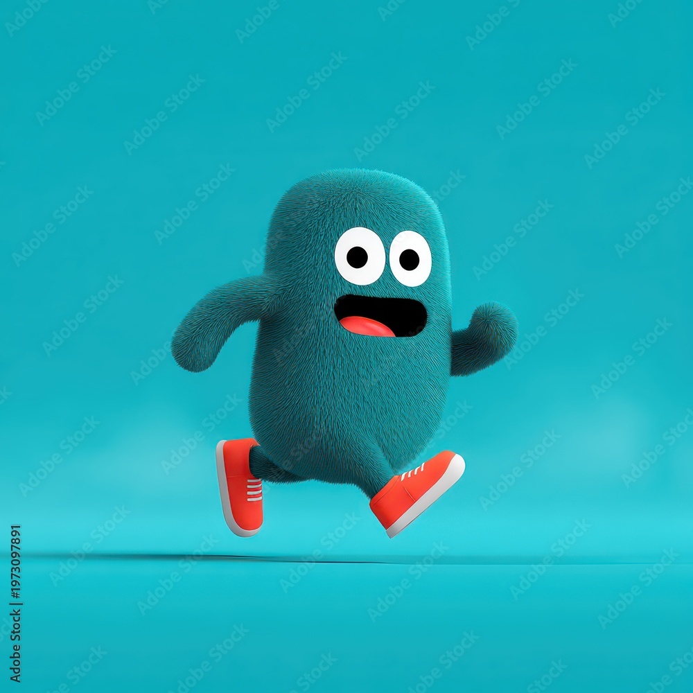 Fototapeta premium Playful Cartoon Character Running on Bright Blue Background