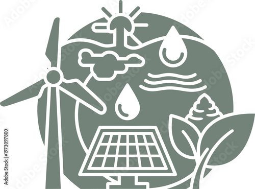 Circular ecosystem illustration with natural elements and renewable power sources