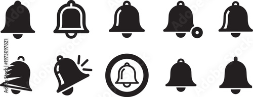 Collection of black bell icons and symbols diverse styles and representations of alerting devices
