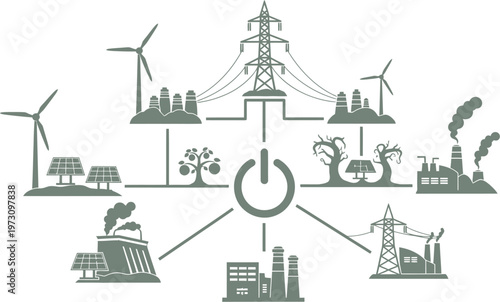Complex energy grid diagram illustrating various power generation sources