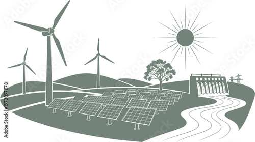 Comprehensive renewable energy landscape with solar farm hydro dam and wind power