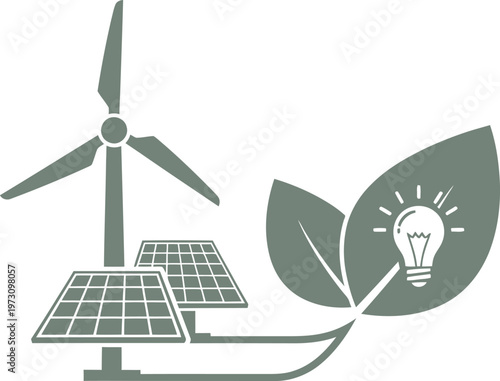 Green energy ideas symbolized by lightbulb with leaves and solar wind power