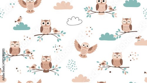 Charming seamless pattern features cute owls and small birds perched on branches among clouds and dots in a soft color palette.