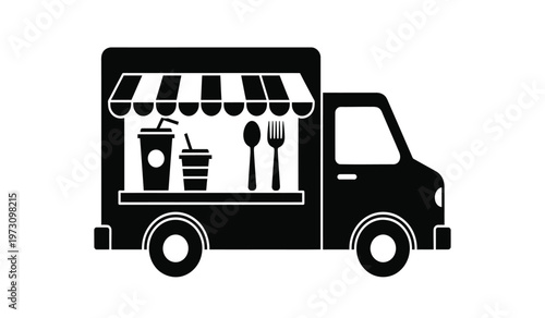 A simple black and white illustration depicts a food truck with a striped awning showcasing beverages and cutlery high quality professional detailed modern elegant