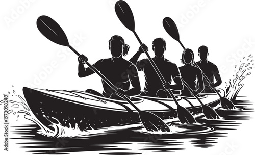 Kayaking team silhouette paddling river water sport group teamwork boat action recreation outdoors adventure athletic