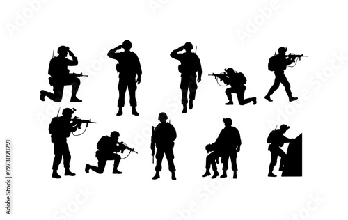 Military Silhouettes in Tactical Poses with Weapons