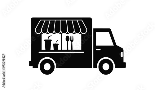 A simple black and white illustration depicts a food truck with a striped awning displaying cutlery and drinks high quality professional detailed modern elegant