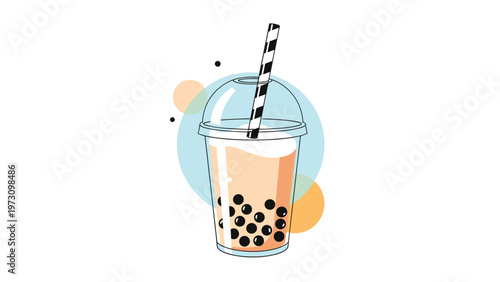 Refreshing illustration of a tall plastic cup of bubble tea with a black and white striped straw and dark tapioca pearls.