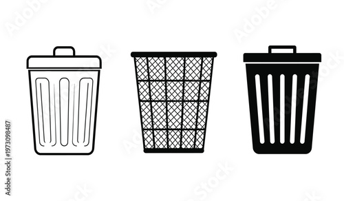 This image displays three distinct black and white illustrations of trash cans each with a unique design and shape symbolizing waste disposal high quality