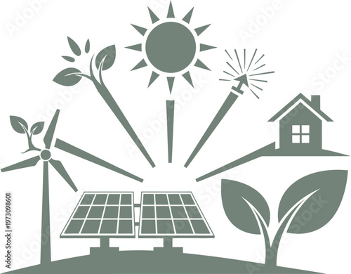 Solar rays powering diverse sustainable infrastructure and natural elements