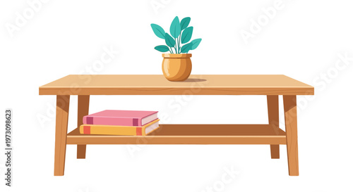 Minimalist wooden coffee table illustration featuring a small green potted plant and two stacked reading books