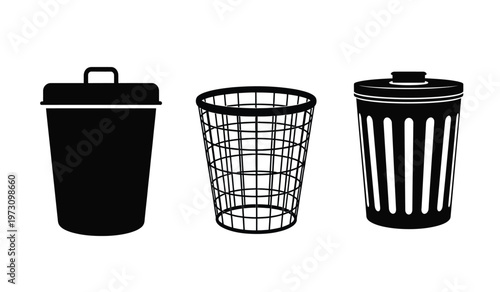 A simple black and white illustration depicts three different types of waste containers a covered bin a wire basket and a trashcan high quality