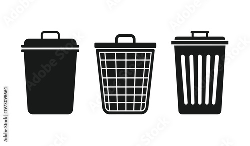 A minimalist depiction showcases three black trash cans of varying designs arranged side by side on a white background representing waste disposal high quality