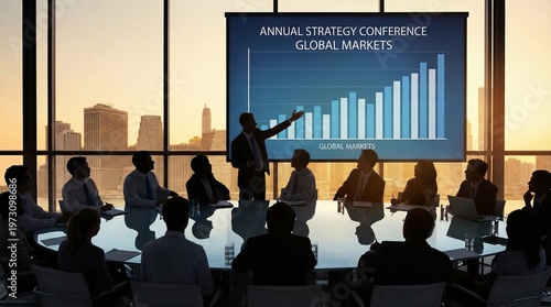 A business man presenting a graph at an annual strategy conference in a modern office with a city skyline view at sunset