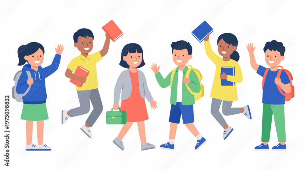 Fototapeta premium Happy School Kids Characters Flat Vector Back to School Children Set