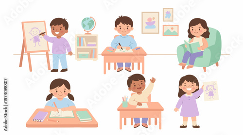 Happy Students Drawing Reading Writing School Kids Collection