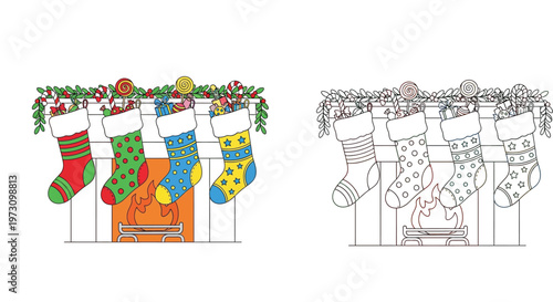 Christmas fireplace with hanging stockings full of gifts. Colored illustration and black and white line art coloring page vector design.