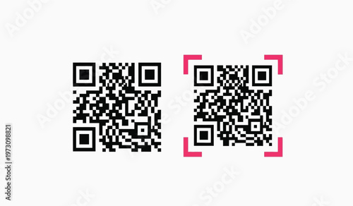 This image displays three distinct quick response codes with the third one highlighted by a pink rectangular frame on a white background high quality
