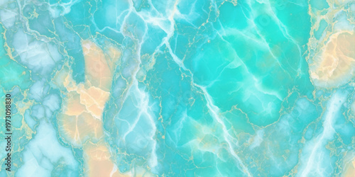 Vibrant turquoise marble texture with gold veins and beige accents abstract background