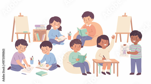 Kids Classroom Activities Flat Vector Children Learning Illustration Set