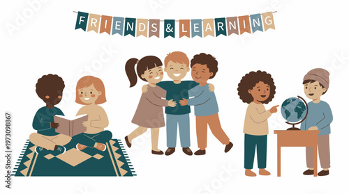 Diverse School Kids Characters Flat Vector Children Friendship Set