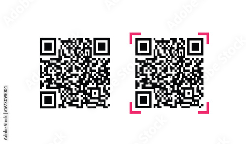 This image displays two distinct square quick response codes one with a pink scanning border on a white background high quality professional detailed modern