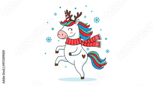 Cute magical unicorn wearing a red winter scarf and reindeer antlers standing among blue snowflakes, festive Christmas holiday illustration.
