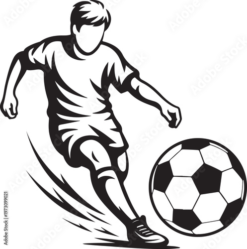 Soccer player kicking ball silhouette, dynamic sports action for games and recreation