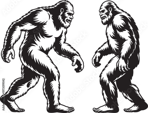 Two bigfoot silhouettes facing each other, mythical creature for fantasy and adventure themes
