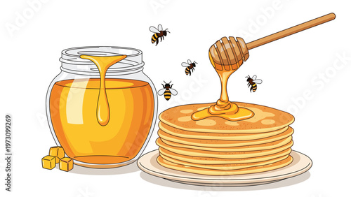 Delicious stack of pancakes on a plate with honey being poured from a wooden dipper and a honey jar with flying bees around them.