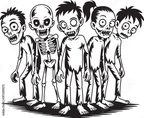 Group of creepy walking zombies and skeleton vector illustration isolated on transparent background