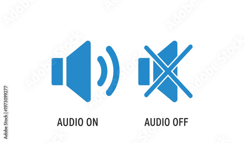 This image depicts two blue icons representing audio control one showing sound waves indicating audio on and another with a cross signifying audio off